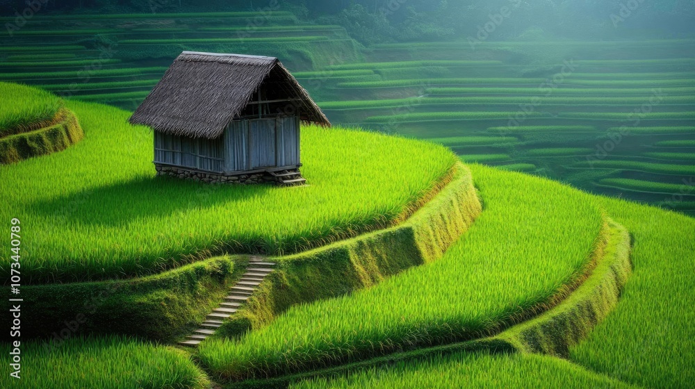 Serene Rice Terraces in Lush Green Landscape with a Traditional Hut Surrounded by Vibrant Agricultural Fields Under a Soft Morning Light Serene Rice Terraces in Lush Green Landscape with a Traditional Hut Surrounded by Vibrant Agricultural Fields Under a Soft Morning Light