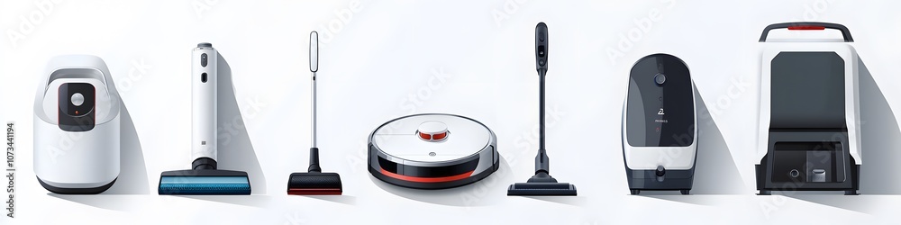 Assortment of high-tech home cleaning appliances such as a robot vacuum, handheld steamer, and cordless vacuum, arranged side by side on a white background. Vector art, 4k resolution, Assortment of high-tech home cleaning appliances such as a robot vacuum, handheld steamer, and cordless vacuum, arranged side by side on a white background. Vector art, 4k resolution,