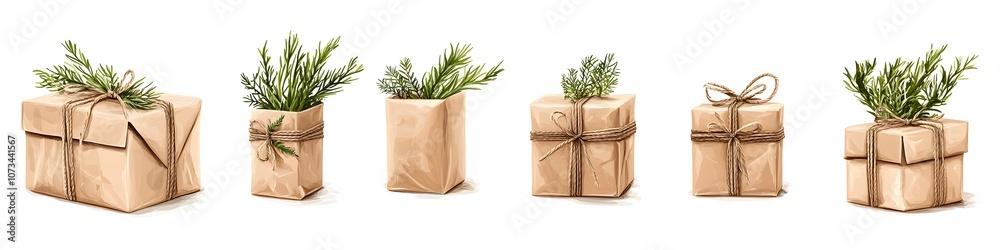Collection of eco-friendly gift boxes wrapped in kraft paper and decorated with natural twine and small sprigs, arranged in a rustic style on a white background. Vector art, 4k resolution, Collection of eco-friendly gift boxes wrapped in kraft paper and decorated with natural twine and small sprigs, arranged in a rustic style on a white background. Vector art, 4k resolution,