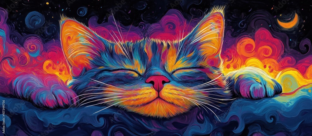 A colorful, abstract painting of a cat sleeping with its paws outstretched. A colorful, abstract painting of a cat sleeping with its paws outstretched.