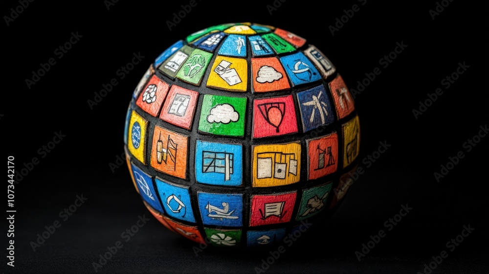 A colorful globe made of squares with various icons representing different industries and aspects of modern life. A colorful globe made of squares with various icons representing different industries and aspects of modern life.