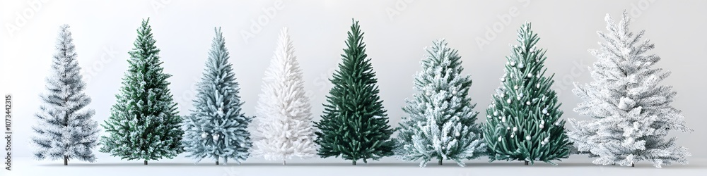 Row of artificial Christmas trees in shades of green and white, each adorned with delicate ornaments, laid out on a pristine white background. Vector art, 4k resolution, ultra-realistic, white Row of artificial Christmas trees in shades of green and white, each adorned with delicate ornaments, laid out on a pristine white background. Vector art, 4k resolution, ultra-realistic, white
