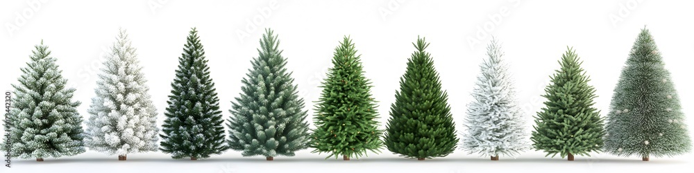 Row of artificial Christmas trees in shades of green and white, each adorned with delicate ornaments, laid out on a pristine white background. Vector art, 4k resolution, ultra-realistic, white Row of artificial Christmas trees in shades of green and white, each adorned with delicate ornaments, laid out on a pristine white background. Vector art, 4k resolution, ultra-realistic, white