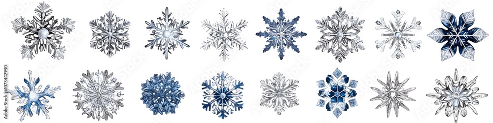 Array of glittery snowflake ornaments in silver and blue tones, with intricate patterns, arranged in a visually balanced layout on a white background. Vector art, no shadows, 4k resolution, white Array of glittery snowflake ornaments in silver and blue tones, with intricate patterns, arranged in a visually balanced layout on a white background. Vector art, no shadows, 4k resolution, white