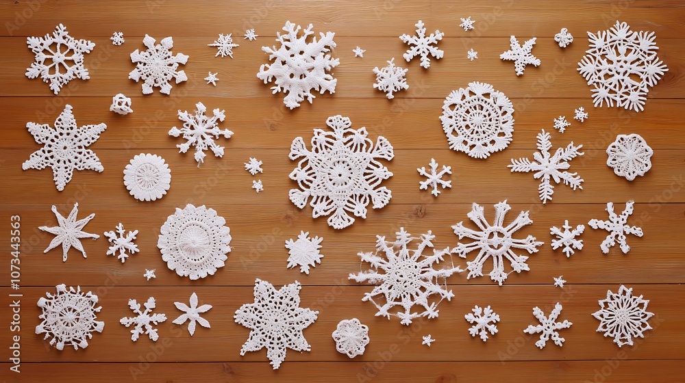 A festive background with crocheted snowflakes and paper cut-out stars, all set on a warm wooden backdrop A festive background with crocheted snowflakes and paper cut-out stars, all set on a warm wooden backdrop
