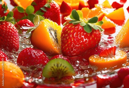 vibrant fruit splashes creating kaleidoscope colorful juices refreshing juicy flavor combinations, orange, lemon, grapefruit, berry, strawberry, raspberry photo