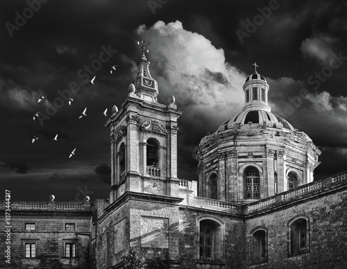 Rabat church dome and tower - Black and white photo