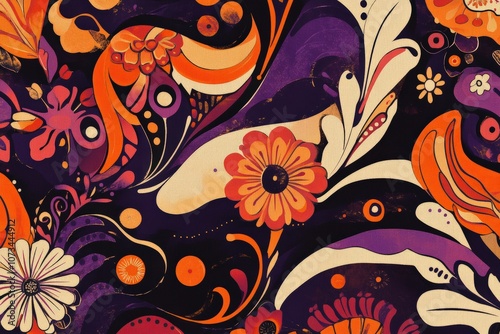 A bohemian-inspired vintage seamless pattern with abstract shapes, florals, and flowing lines in warm, rich hues like burnt orange and deep purple, creating a bold and artistic design photo