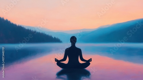 A serene silhouette meditates by a tranquil lake at sunset, surrounded by mountains, reflecting tranquility and mindfulness.