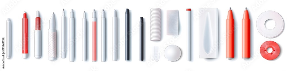 Collection of correction tape, erasers, and white-out pens, each with distinct shapes, displayed in a neat line on a pure white background. Vector art, no shadows, 4k resolution, white background Collection of correction tape, erasers, and white-out pens, each with distinct shapes, displayed in a neat line on a pure white background. Vector art, no shadows, 4k resolution, white background