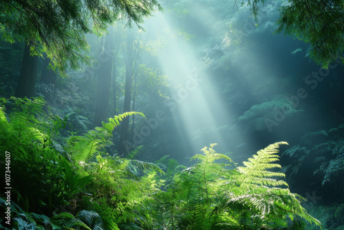 Lush green forest with sunlight streaming through the trees, illuminating the vibrant ferns and creating a serene and peaceful atmosphere.