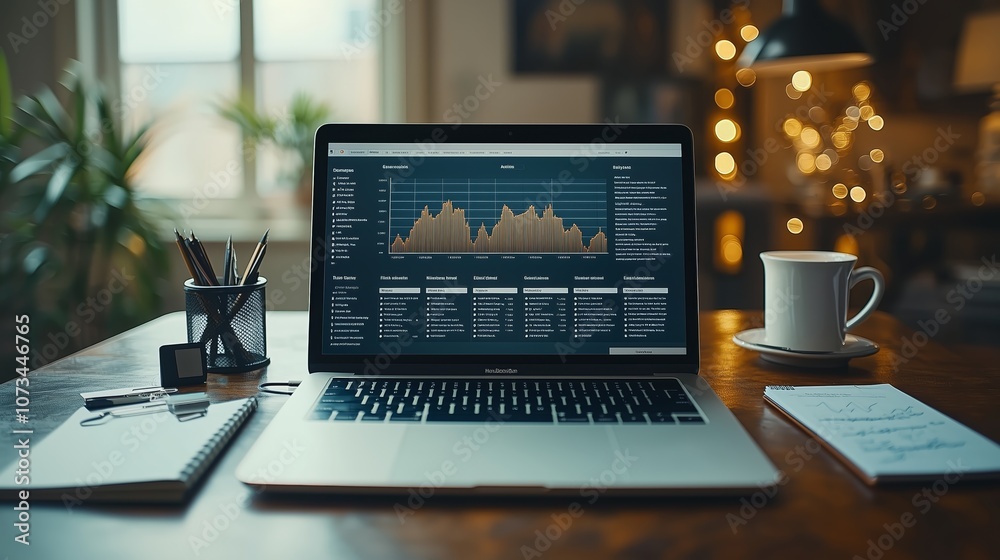 Modern Workspace with Laptop Displaying Data Analytics and Financial Graphs in a Cozy Indoor Setting with Coffee and Stationery Modern Workspace with Laptop Displaying Data Analytics and Financial Graphs in a Cozy Indoor Setting with Coffee and Stationery