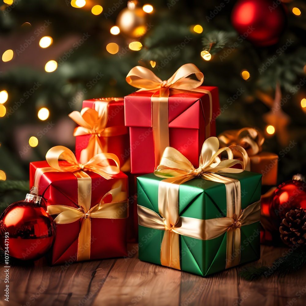 Festive Elegance: A Stack of Christmas Presents Under a Glowing Tree Festive Elegance: A Stack of Christmas Presents Under a Glowing Tree