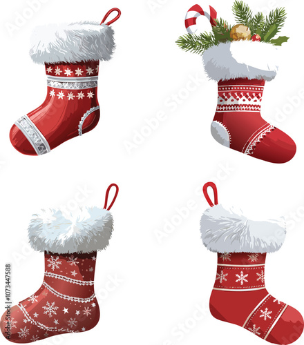 set of Christmas stocking with a fluffy white trim and festive design