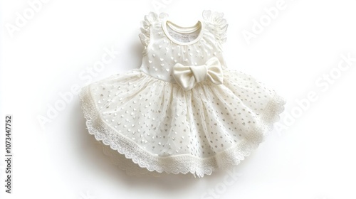 Adorable white baby dress with tiny hearts and bow, white background