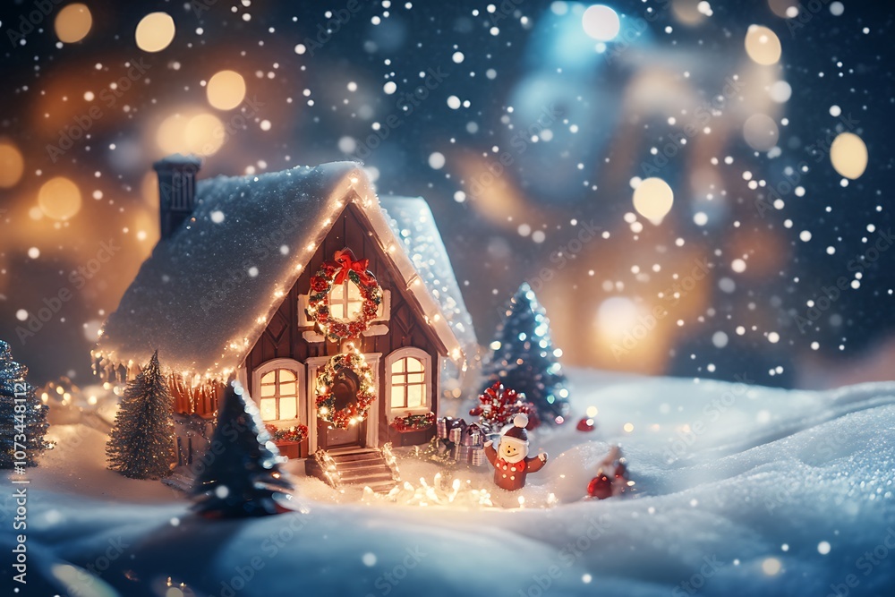 A cozy winter scene featuring a decorated house with snow, Christmas lights, and festive elements.