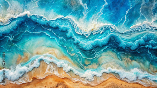 Marble texture. Acrylic ink water. Blue ocean waves sand land abstract design with white clouds effect.