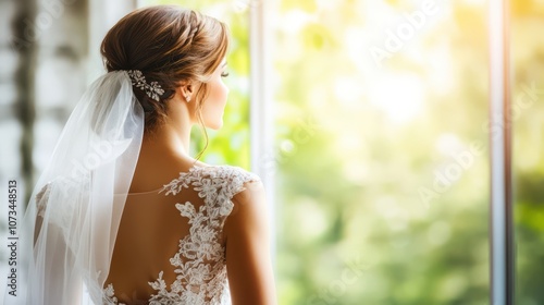 Bride in wedding dress looking out window in warm sunlight, romantic setting