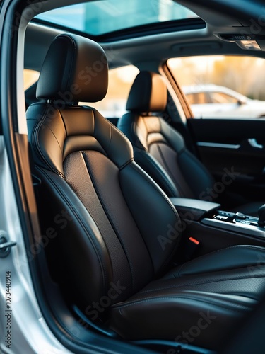 Close-up of luxurious leather car seat with blurred car interior in the background, interior, comfort, material