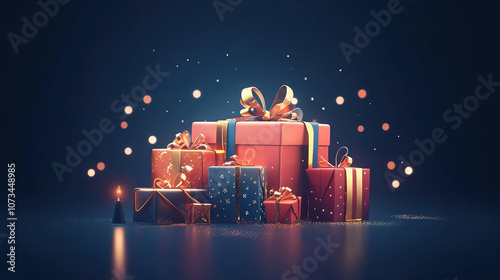 collection of beautifully wrapped gifts with ribbons and bows, surrounded by warm, festive glow and sparkling lights