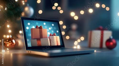 laptop displaying festive gift boxes on screen, surrounded by holiday lights and ornaments