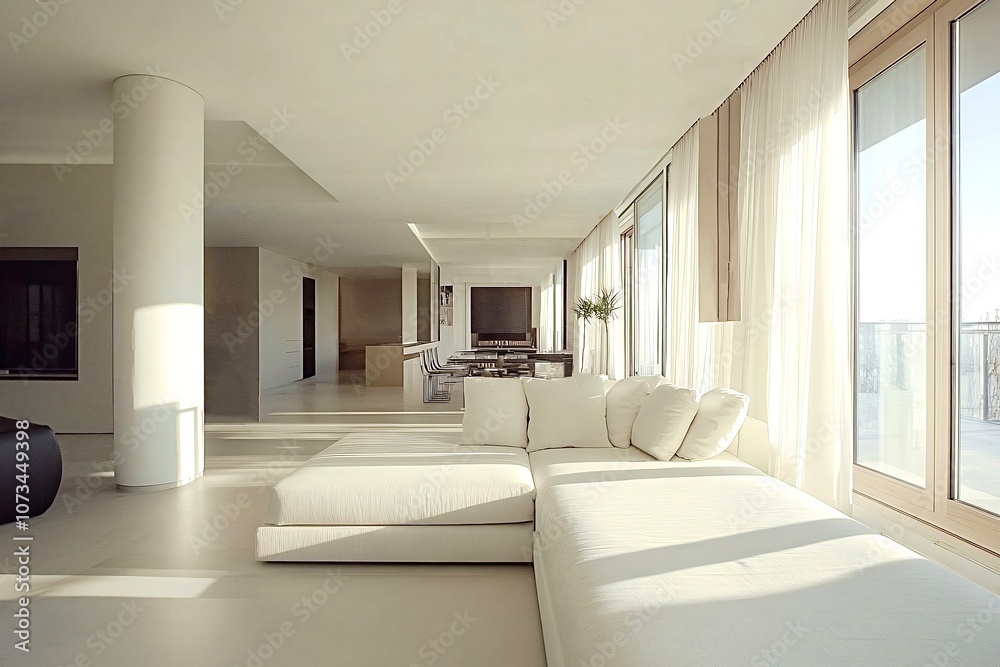 Modern minimalist white living room interior with large sofa and city view Modern minimalist white living room interior with large sofa and city view