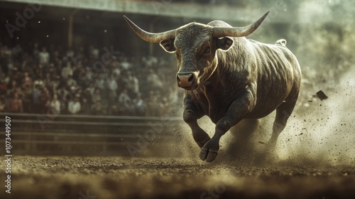 A bull is running in a dirt arena with a crowd watching photo