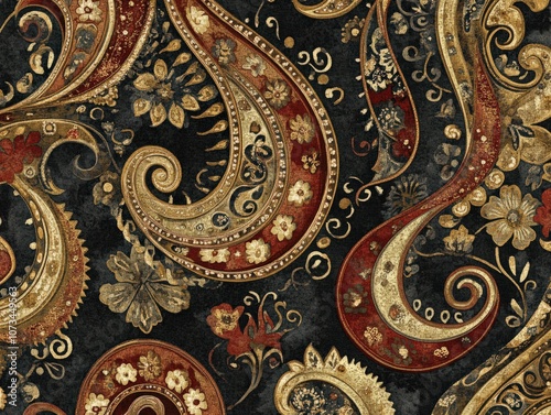 A seamless vintage pattern showcasing elegant paisley shapes in rich, earthy tones like deep browns, golds, and reds, with ornate detailing that gives a luxurious, old-world feel