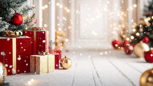 Festive Christmas scene with red and gold gifts under decorated tree, snowflakes gently falling