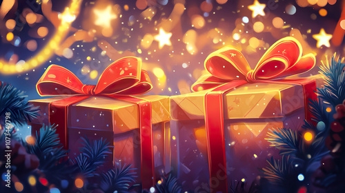 Two beautifully wrapped gifts with red ribbons sit among pine branches, surrounded by glowing lights and stars