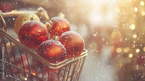 Festive red and gold Christmas ornaments in shopping cart with snowflakes falling gently