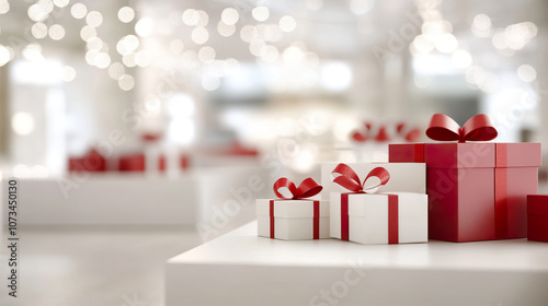 Festive red and white gift boxes with ribbons on white surface, surrounded by soft, glowing bokeh background