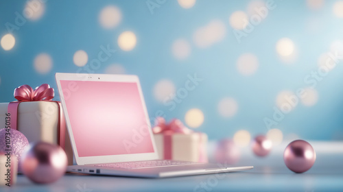 laptop with pink screen surrounded by festive pink and gold decorations, including gift boxes and ornaments