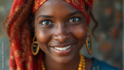 A woman wearing a red headscarf smiles at the camera
