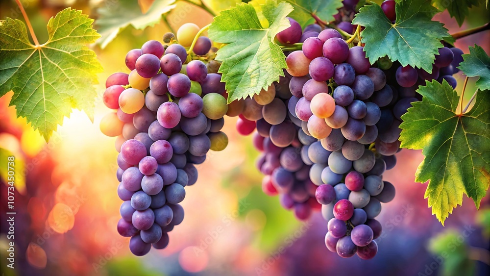 Luscious clusters of ripe grapes hanging from a vine, illuminated by warm sunlight, showcasing the vibrant hues of nature's bounty Luscious clusters of ripe grapes hanging from a vine, illuminated by warm sunlight, showcasing the vibrant hues of nature's bounty