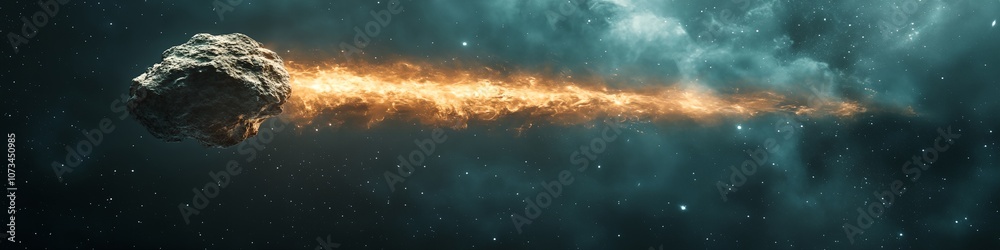 A large rock is flying through space. The rock is surrounded by a bright orange trail of fire A large rock is flying through space. The rock is surrounded by a bright orange trail of fire