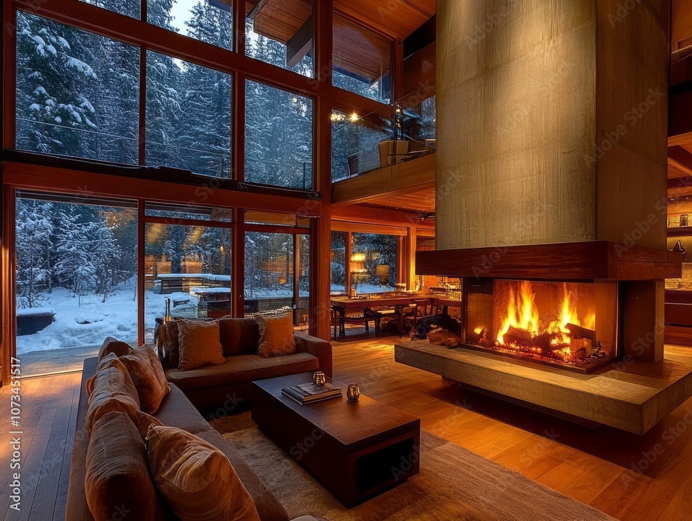 Modern living room with a fireplace and large windows overlooking a snow-covered forest. Modern living room with a fireplace and large windows overlooking a snow-covered forest.