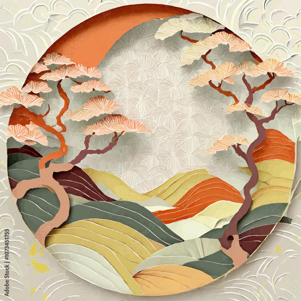 Paysage asiatique stylisé avec arbres et collines en papier
