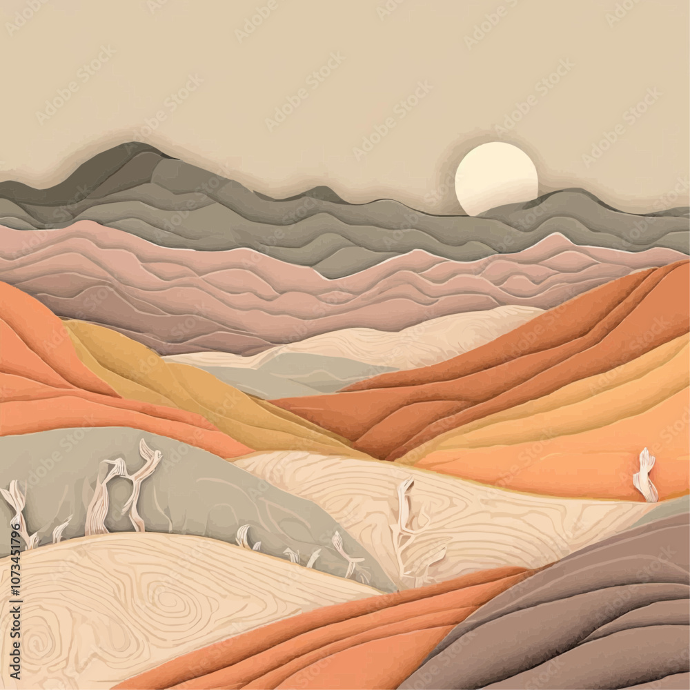 Paysage doux et vallonné au lever de soleil en découpage de papier
