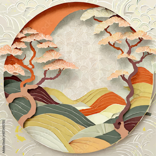 Paysage asiatique stylisé avec arbres et collines en papier
