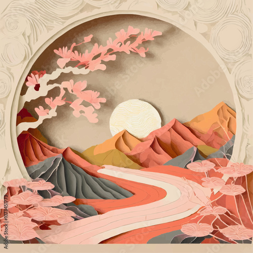 Paysage de montagne avec fleurs et coucher de soleil en papier découpé
