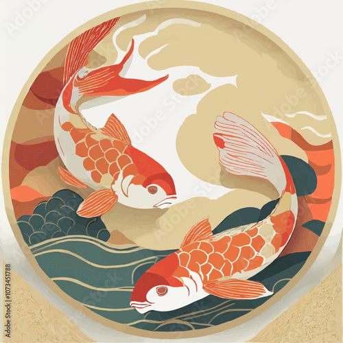 Illustration de poissons koi stylisée en papier découpé
