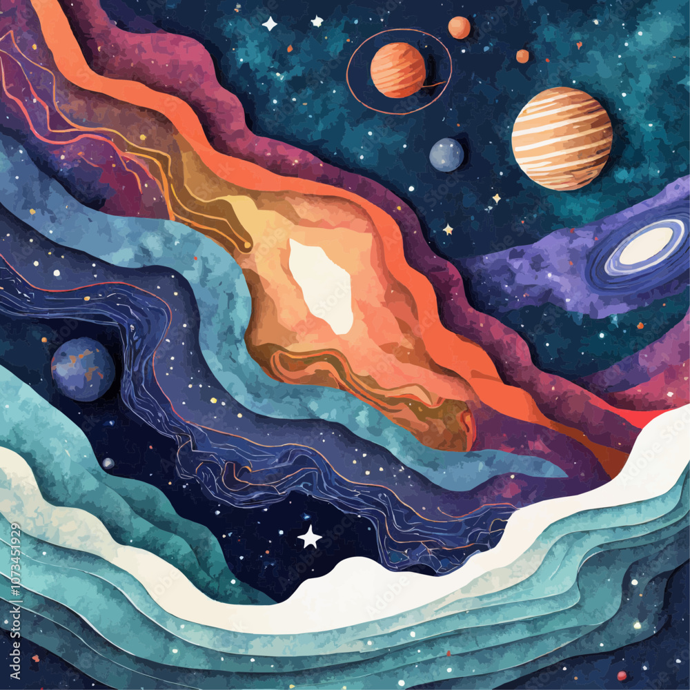 Galaxie vibrante avec planètes et nébuleuse en découpage de papier
