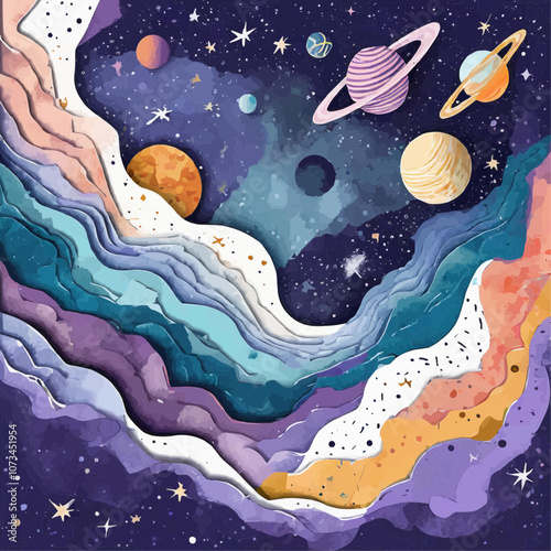 Illustration spatiale colorée avec planètes et étoiles en papier
