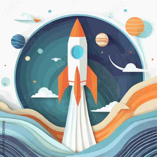 Illustration de fusée décollant vers l’espace avec nuages et planètes
