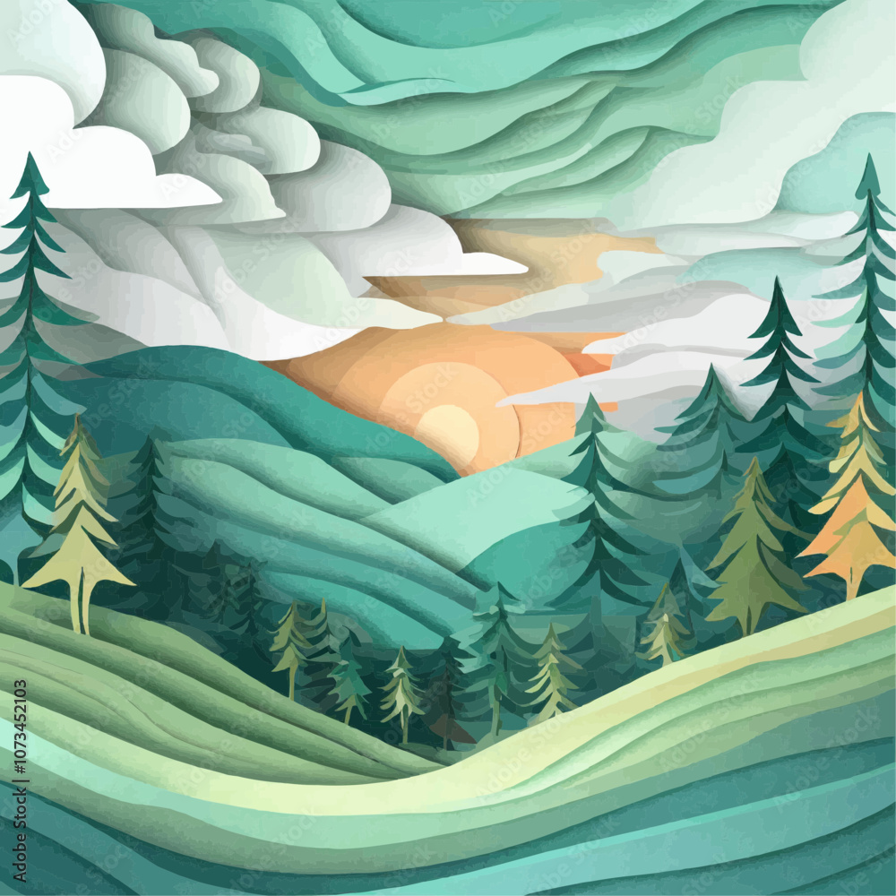 Paysage forestier avec collines ondulantes et lever de soleil en découpage de papier
