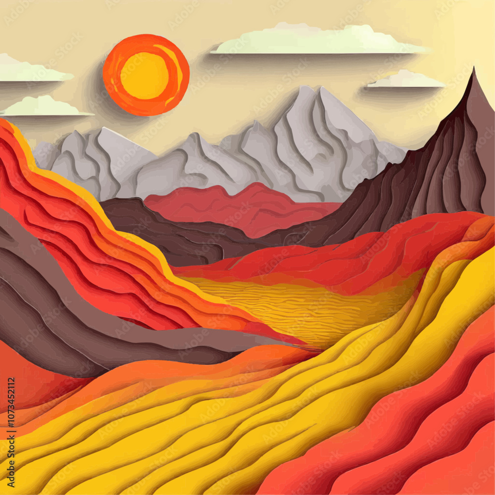 Paysage montagneux avec ciel ensoleillé et collines ondulées en découpage de papier
