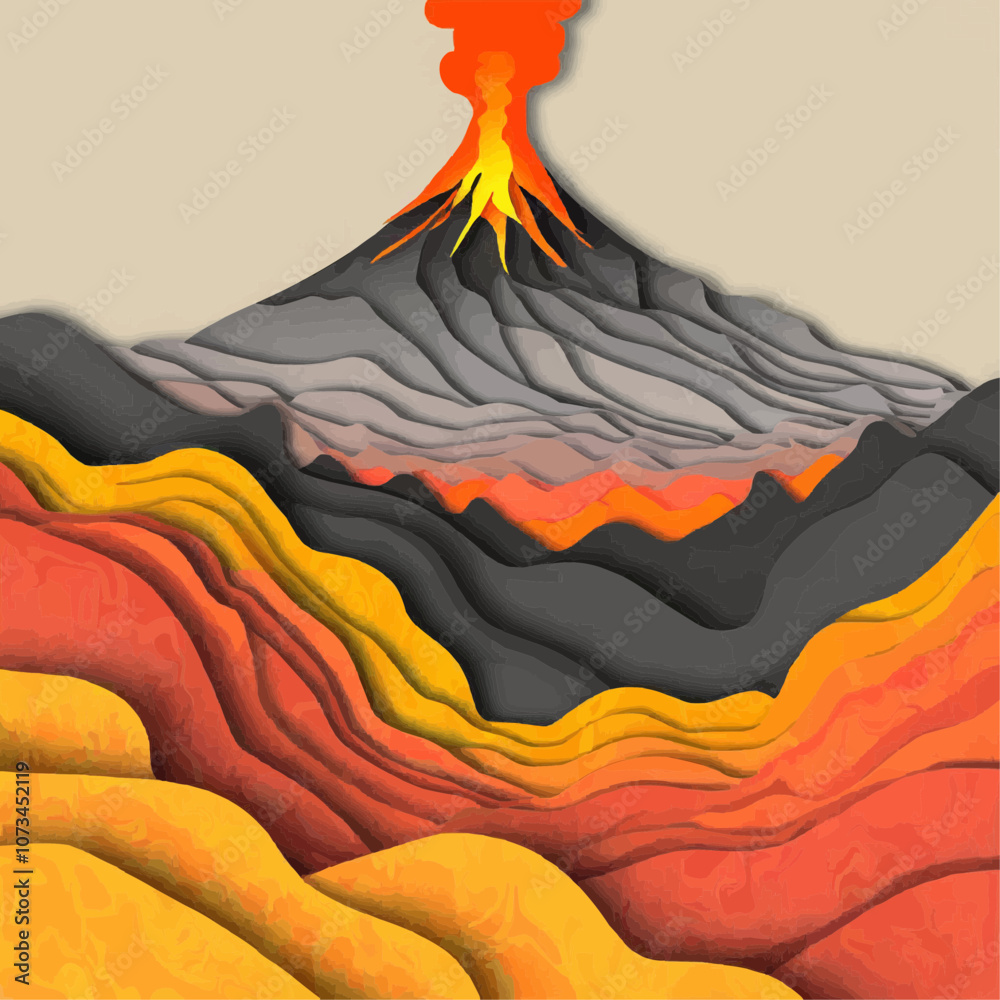 Éruption volcanique avec coulées de lave en découpage de papier
