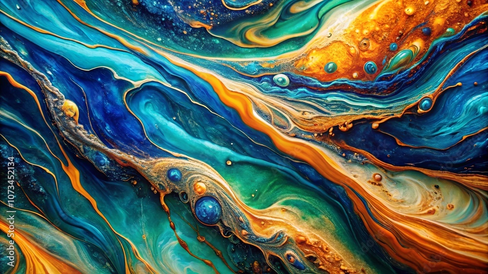 Abstract Liquid Art Swirling Hues of Blue, Green, and Gold, Intertwined with Shimmering Bubbles Abstract Liquid Art Swirling Hues of Blue, Green, and Gold, Intertwined with Shimmering Bubbles