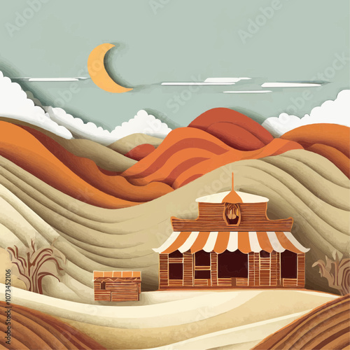Maison en bois dans un paysage désertique avec collines ondulantes et lune
